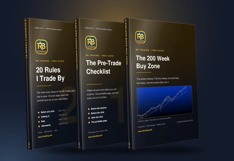 The RB Trading guide library: eleven books, the six free ones on the top shelf and the five that come with a membership below